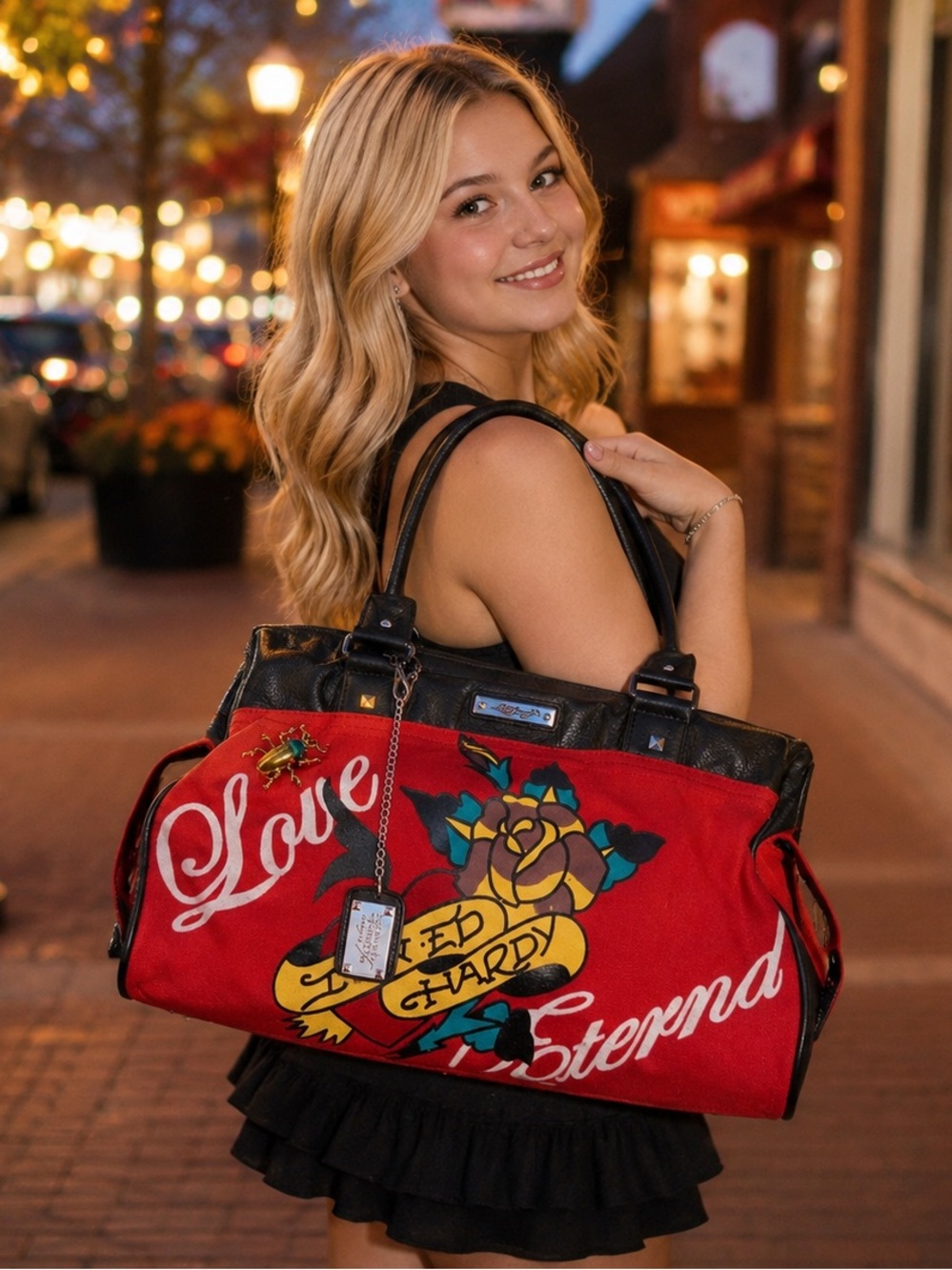 Vintage Y2K Ed Hardy "Love Eternal" Red Canvas Bowling Bag Satchel + bonus broch